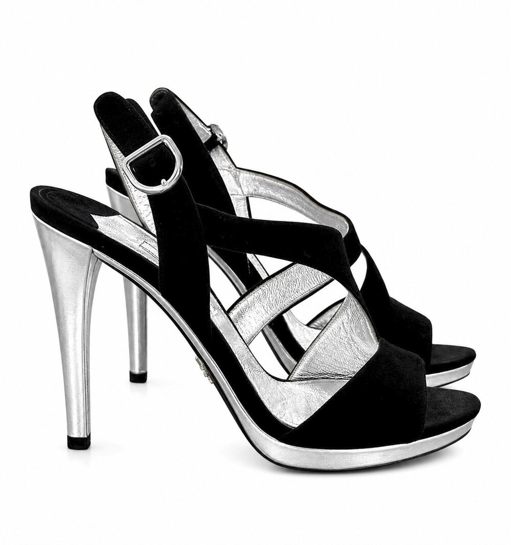 Prada Black Suede Silver Metallic Platform Slingback Heels Sandals EU 37
